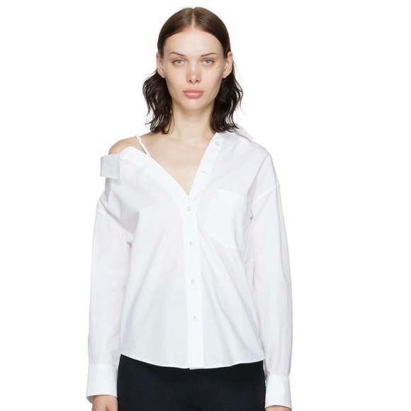 Alexander Wang Bright White Off-The-Shoulder Scrunchie Strap Shirt Sz Sm… - Picture 3 of 8